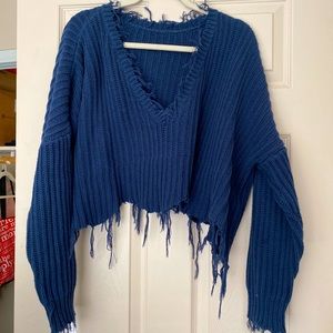 Navy Distressed Cropped V-Neck Pullover